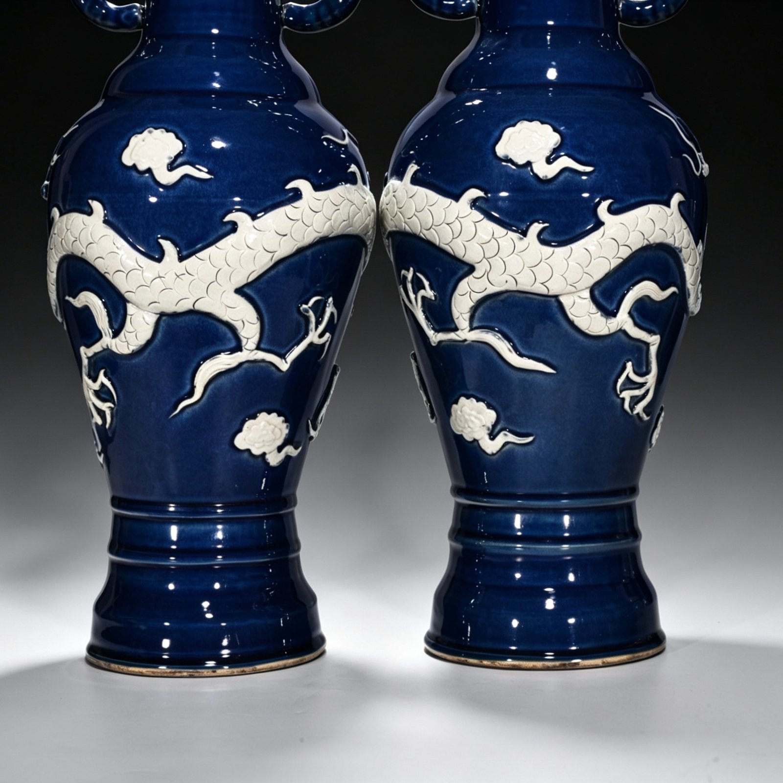 Yuan Dynasty blue embossed cloud and dragon pattern elephant ear vase