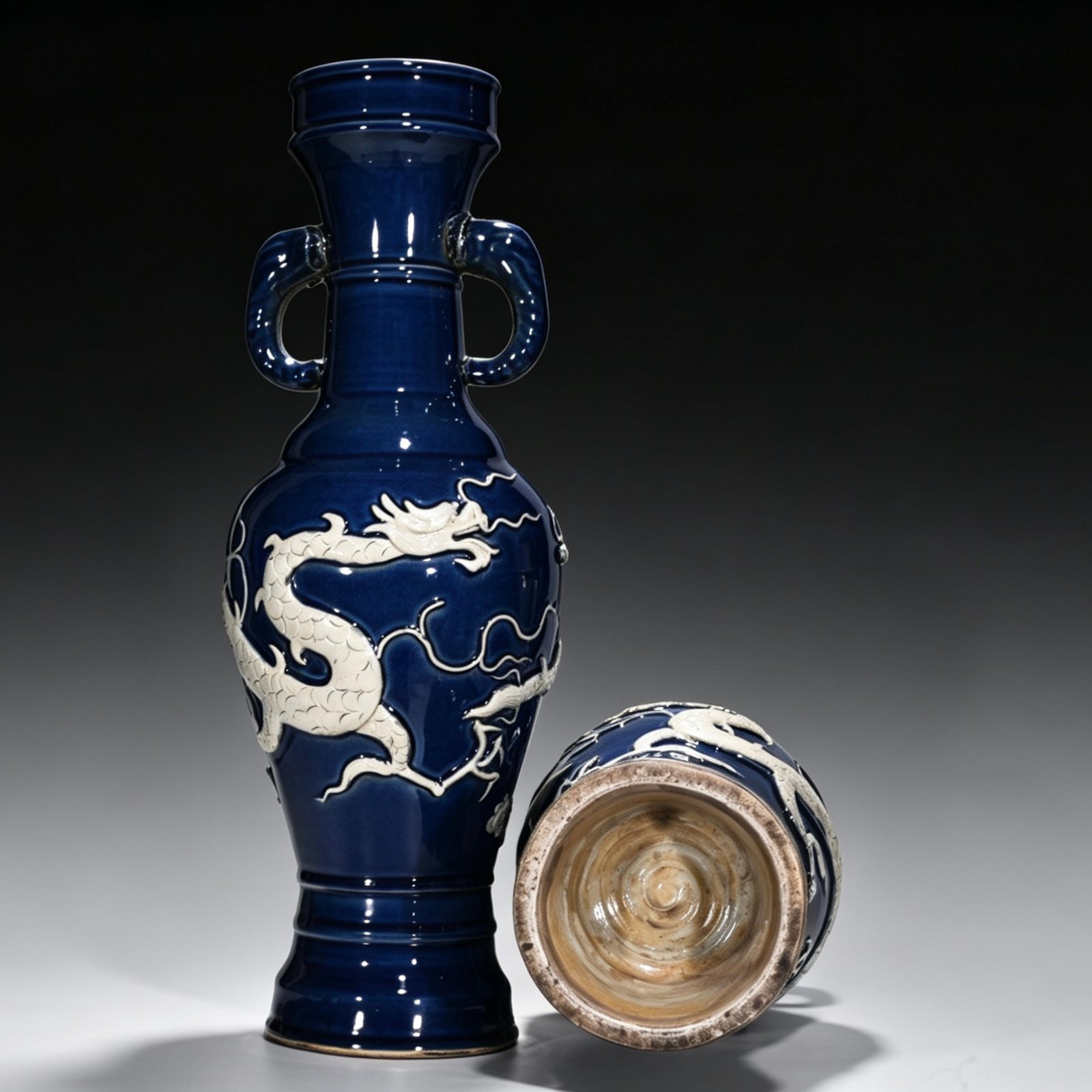 Yuan Dynasty blue embossed cloud and dragon pattern elephant ear vase