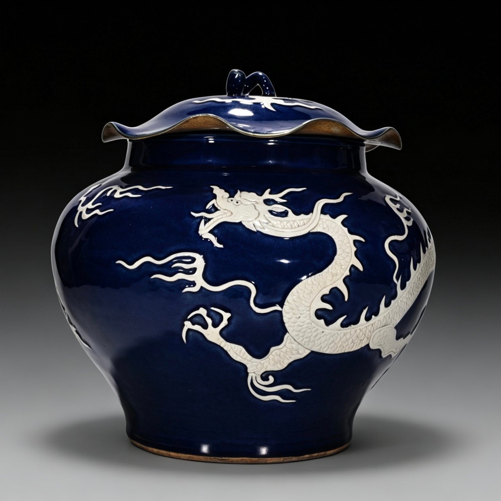 Yuan Dynasty blue-glazed lotus leaf jar with white engraved cloud and dragon pattern