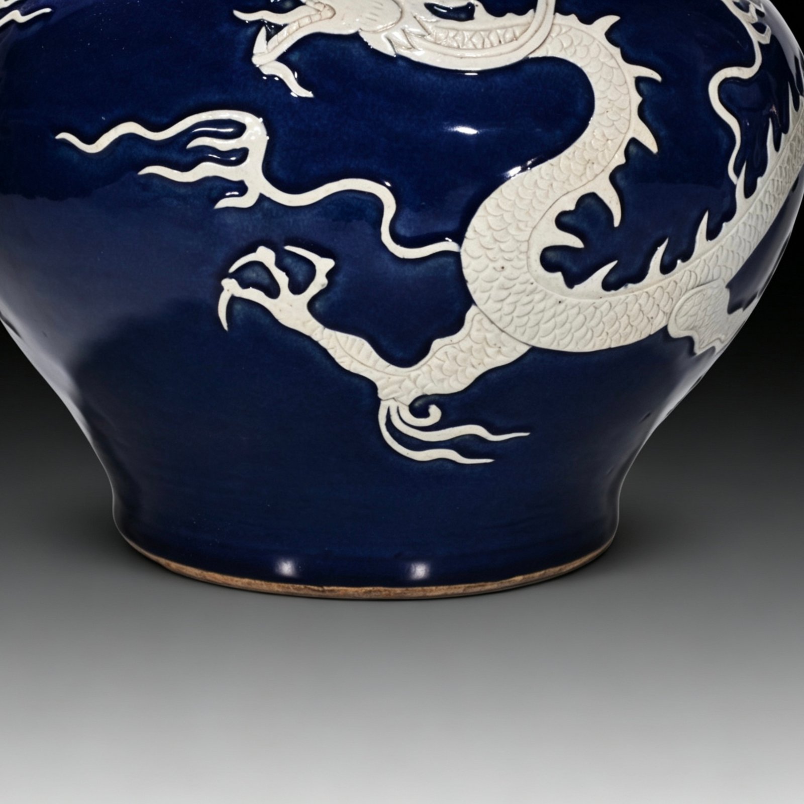 Yuan Dynasty blue-glazed lotus leaf jar with white engraved cloud and dragon pattern