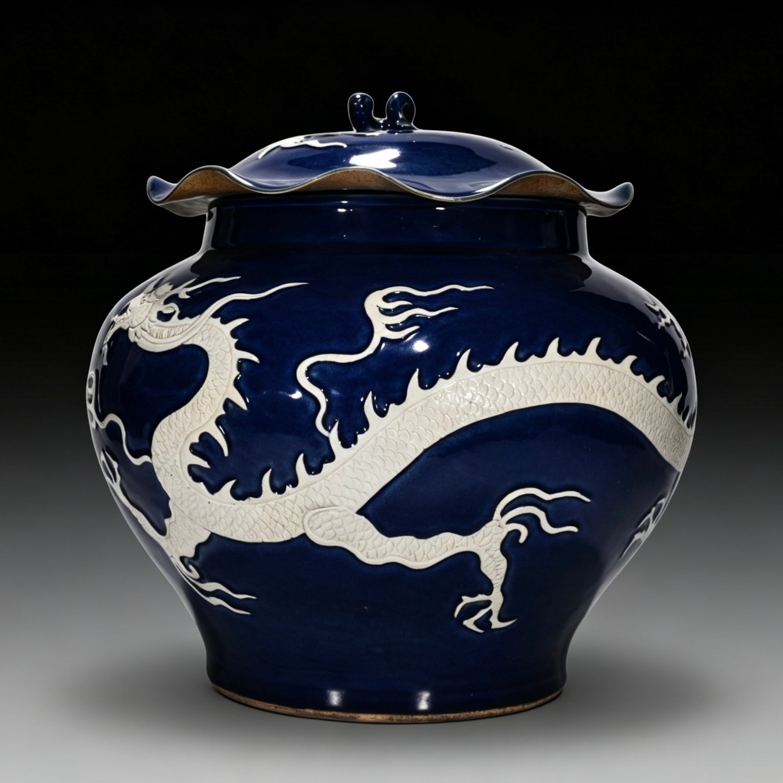 Yuan Dynasty blue-glazed lotus leaf jar with white engraved cloud and dragon pattern