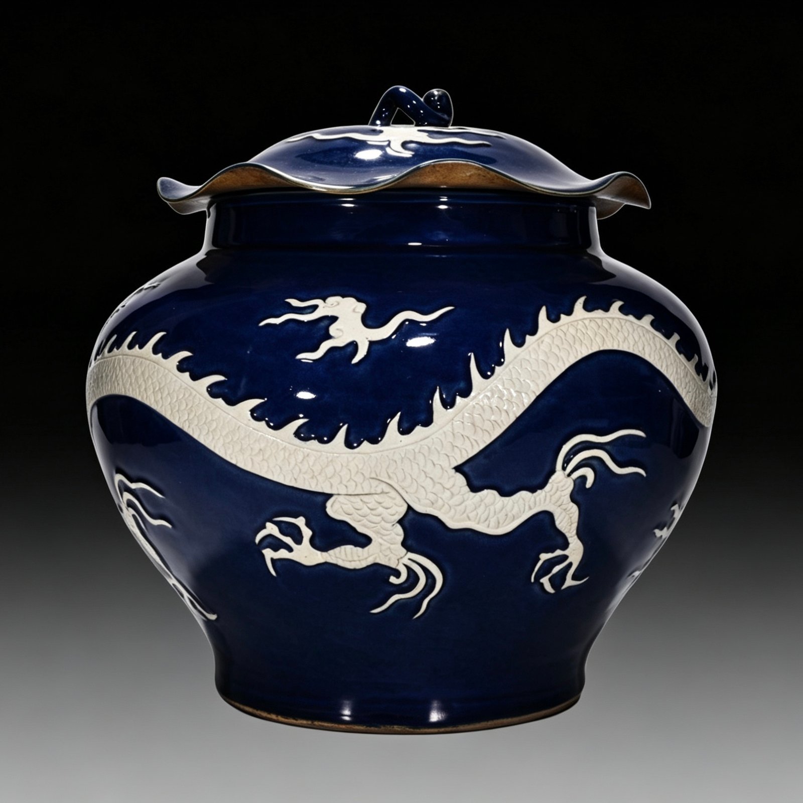 Yuan Dynasty blue-glazed lotus leaf jar with white engraved cloud and dragon pattern