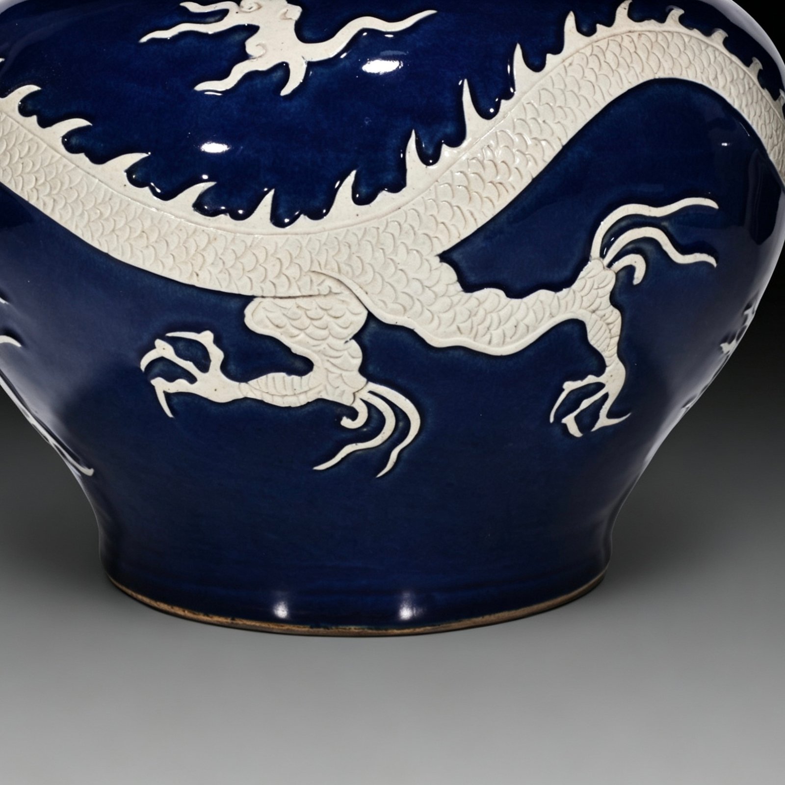 Yuan Dynasty blue-glazed lotus leaf jar with white engraved cloud and dragon pattern