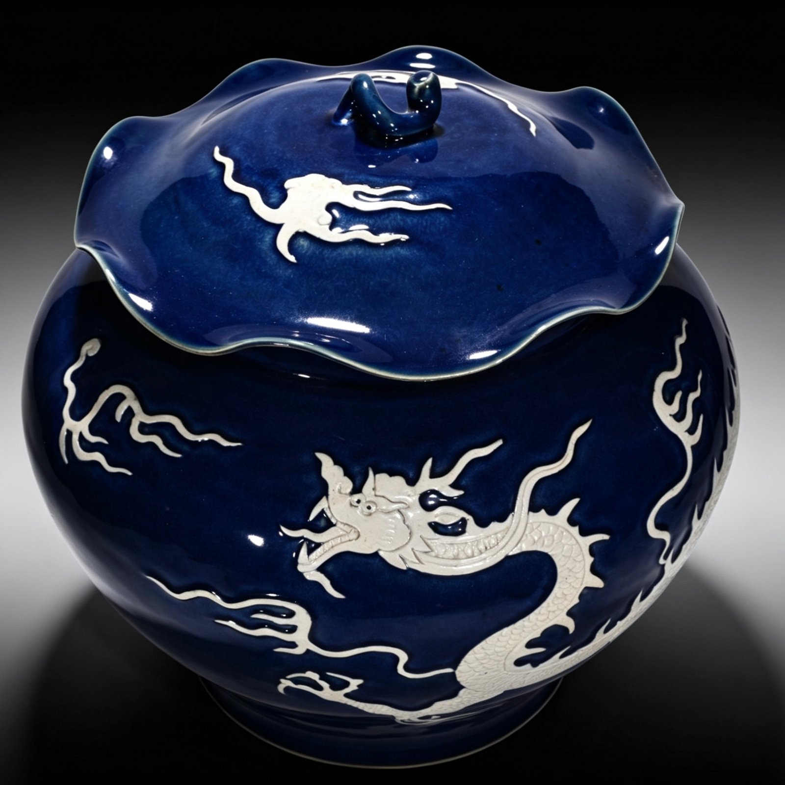 Yuan Dynasty blue-glazed lotus leaf jar with white engraved cloud and dragon pattern