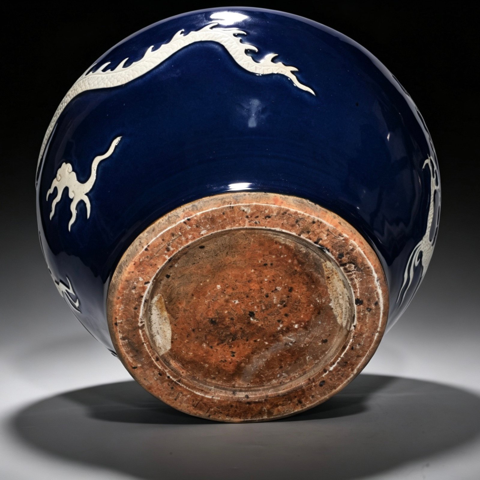 Yuan Dynasty blue-glazed lotus leaf jar with white engraved cloud and dragon pattern