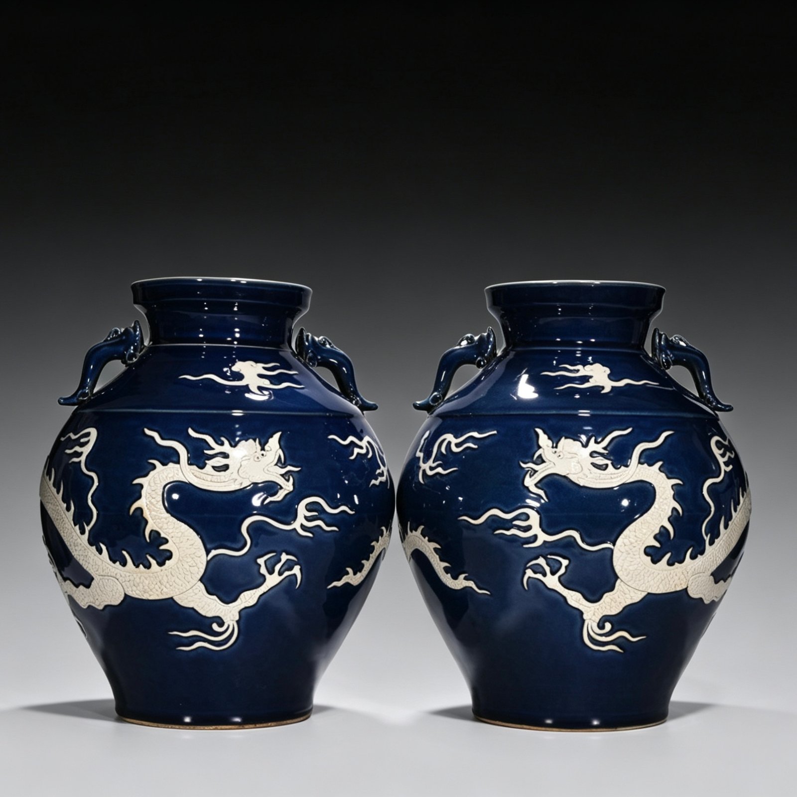 Yuan Dynasty blue glaze with white space and engraved cloud and dragon pattern on the ear jar