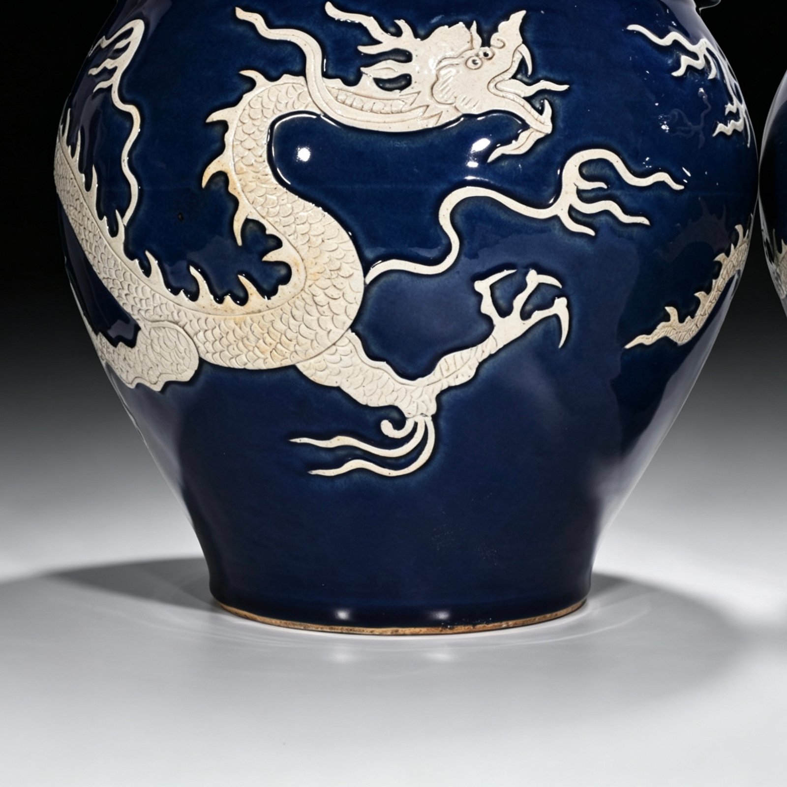 Yuan Dynasty blue glaze with white space and engraved cloud and dragon pattern on the ear jar