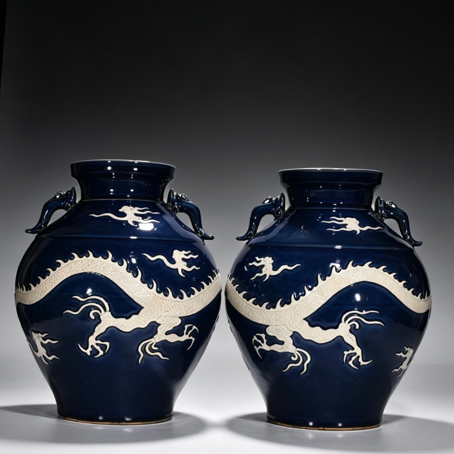 Yuan Dynasty blue glaze with white space and engraved cloud and dragon pattern on the ear jar