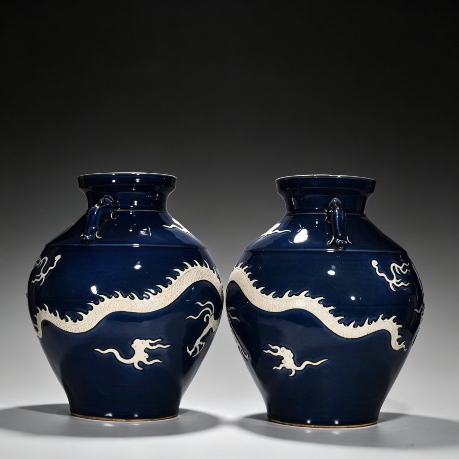 Yuan Dynasty blue glaze with white space and engraved cloud and dragon pattern on the ear jar