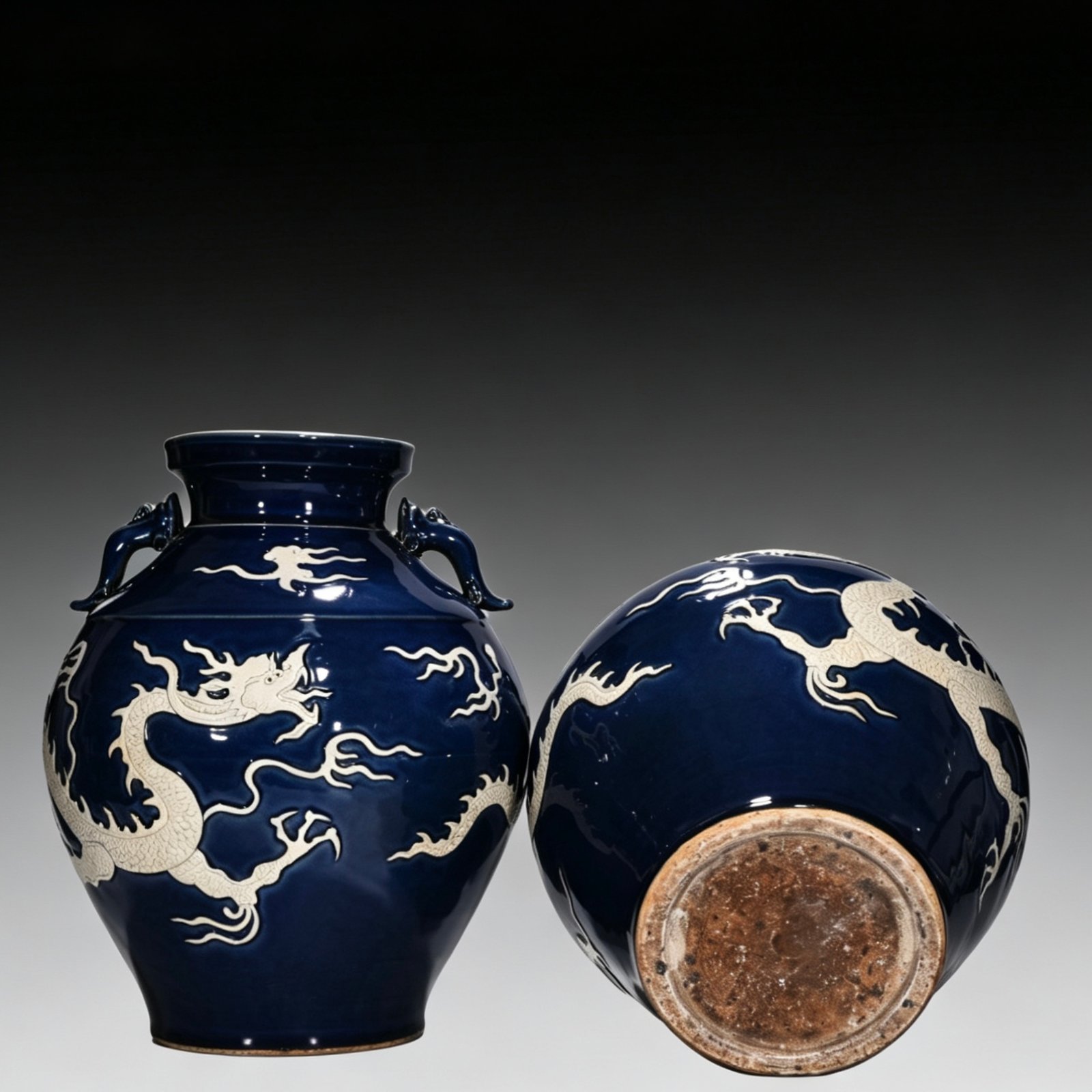 Yuan Dynasty blue glaze with white space and engraved cloud and dragon pattern on the ear jar