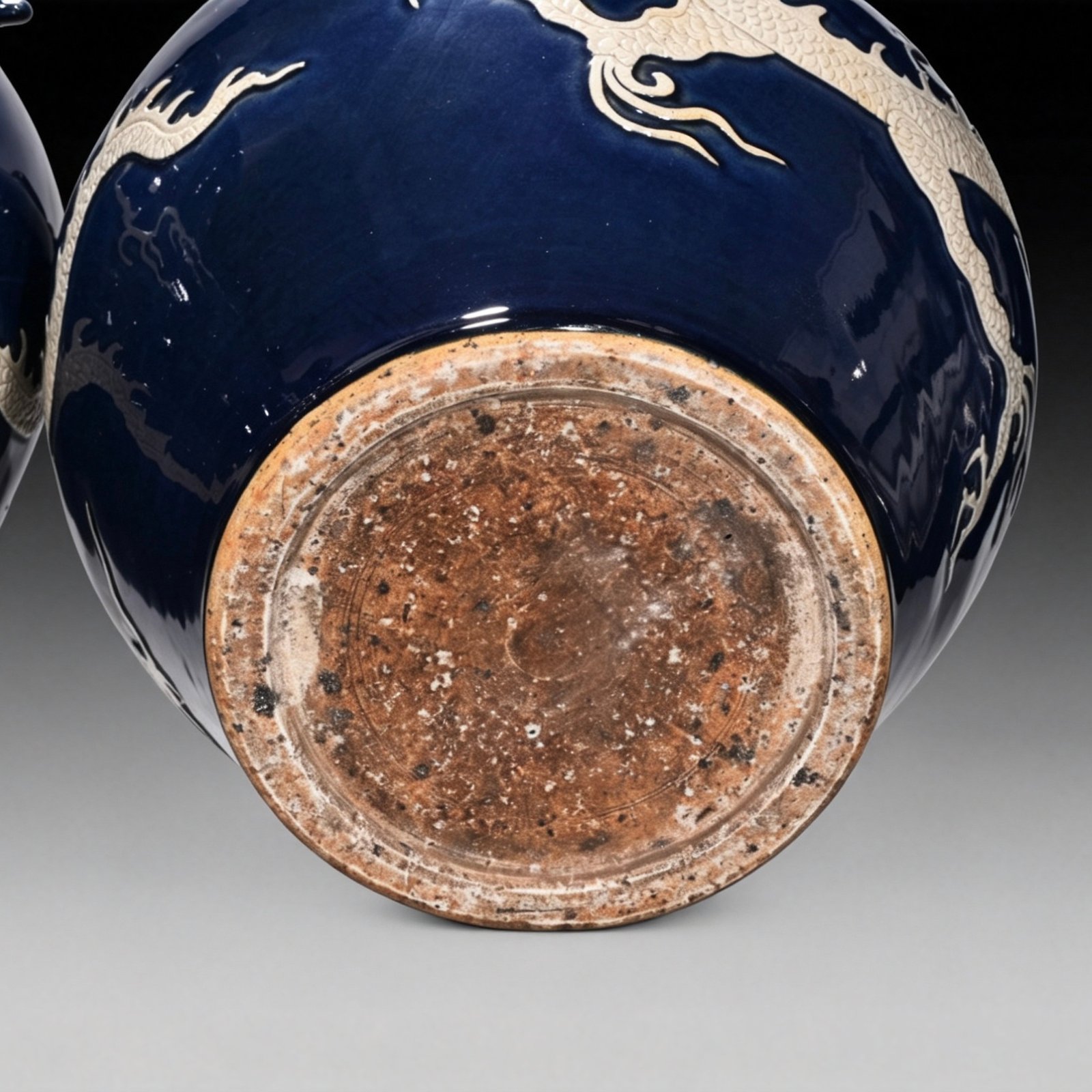Yuan Dynasty blue glaze with white space and engraved cloud and dragon pattern on the ear jar