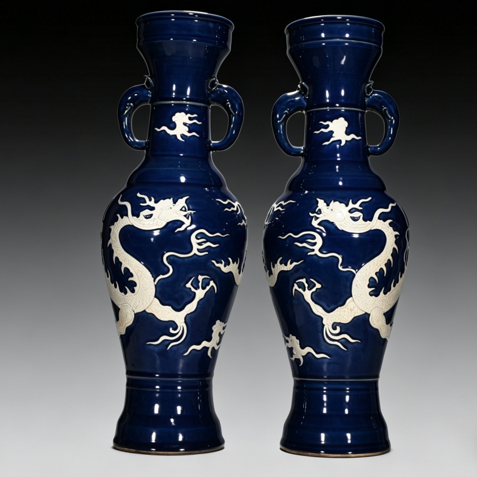 Yuan Dynasty blue glaze white elephant ear vase engraved with cloud and dragon pattern