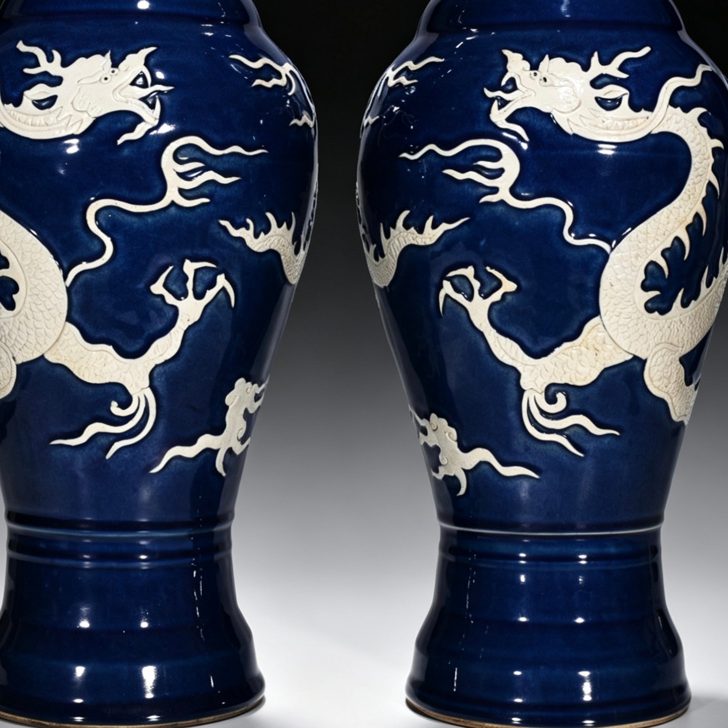 Yuan Dynasty blue glaze white elephant ear vase engraved with cloud and dragon pattern