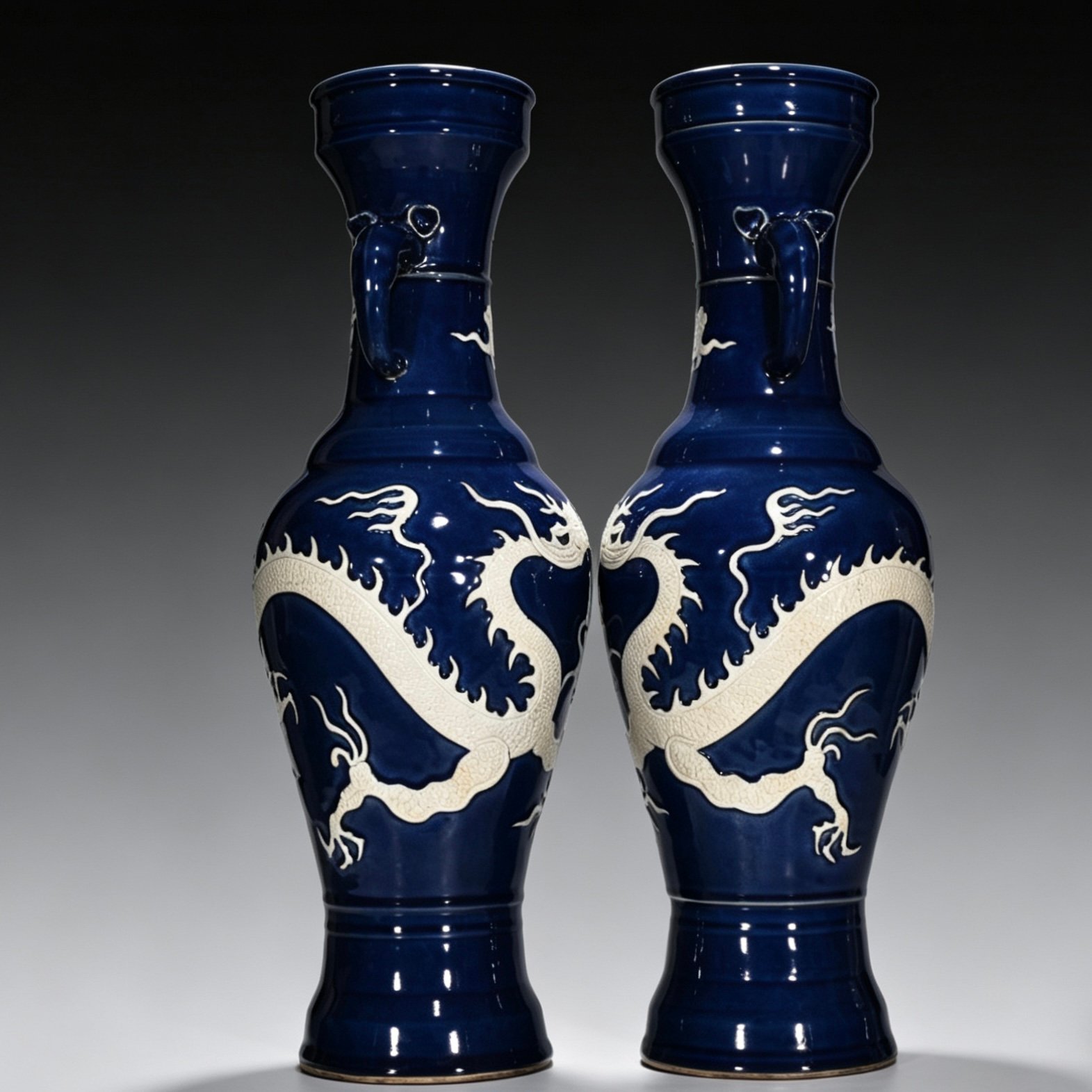 Yuan Dynasty blue glaze white elephant ear vase engraved with cloud and dragon pattern