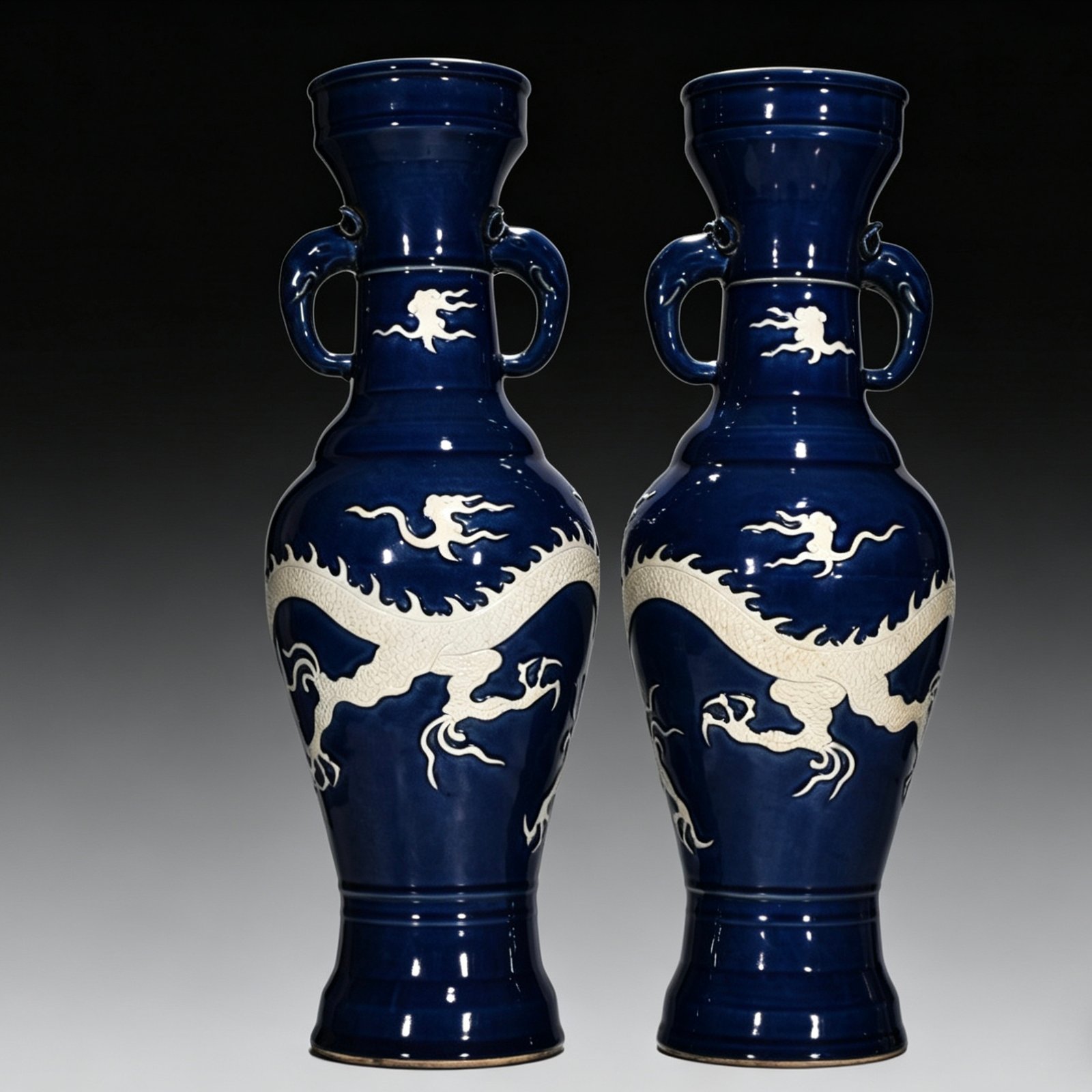 Yuan Dynasty blue glaze white elephant ear vase engraved with cloud and dragon pattern