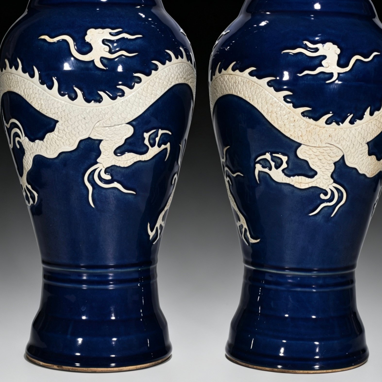 Yuan Dynasty blue glaze white elephant ear vase engraved with cloud and dragon pattern