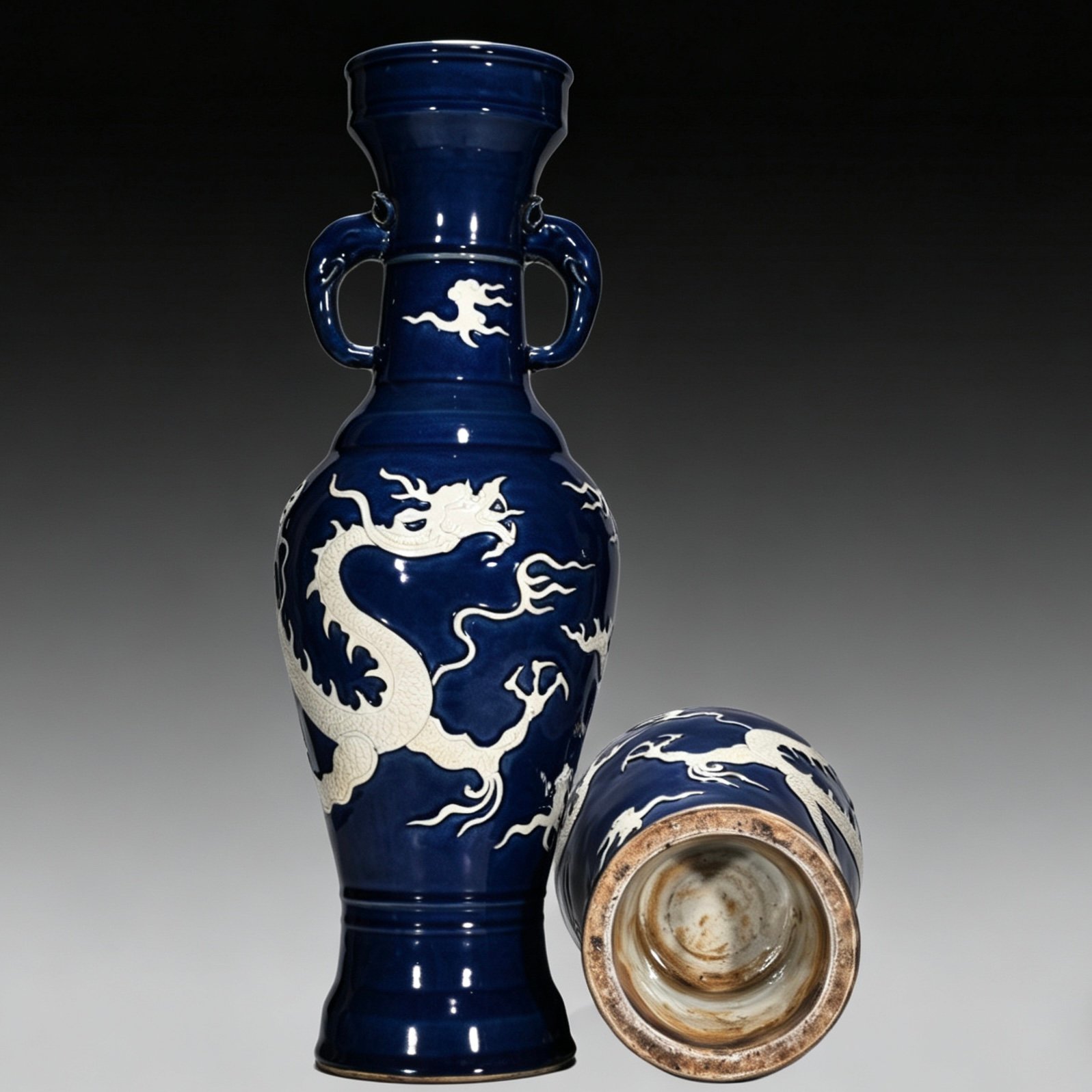 Yuan Dynasty blue glaze white elephant ear vase engraved with cloud and dragon pattern