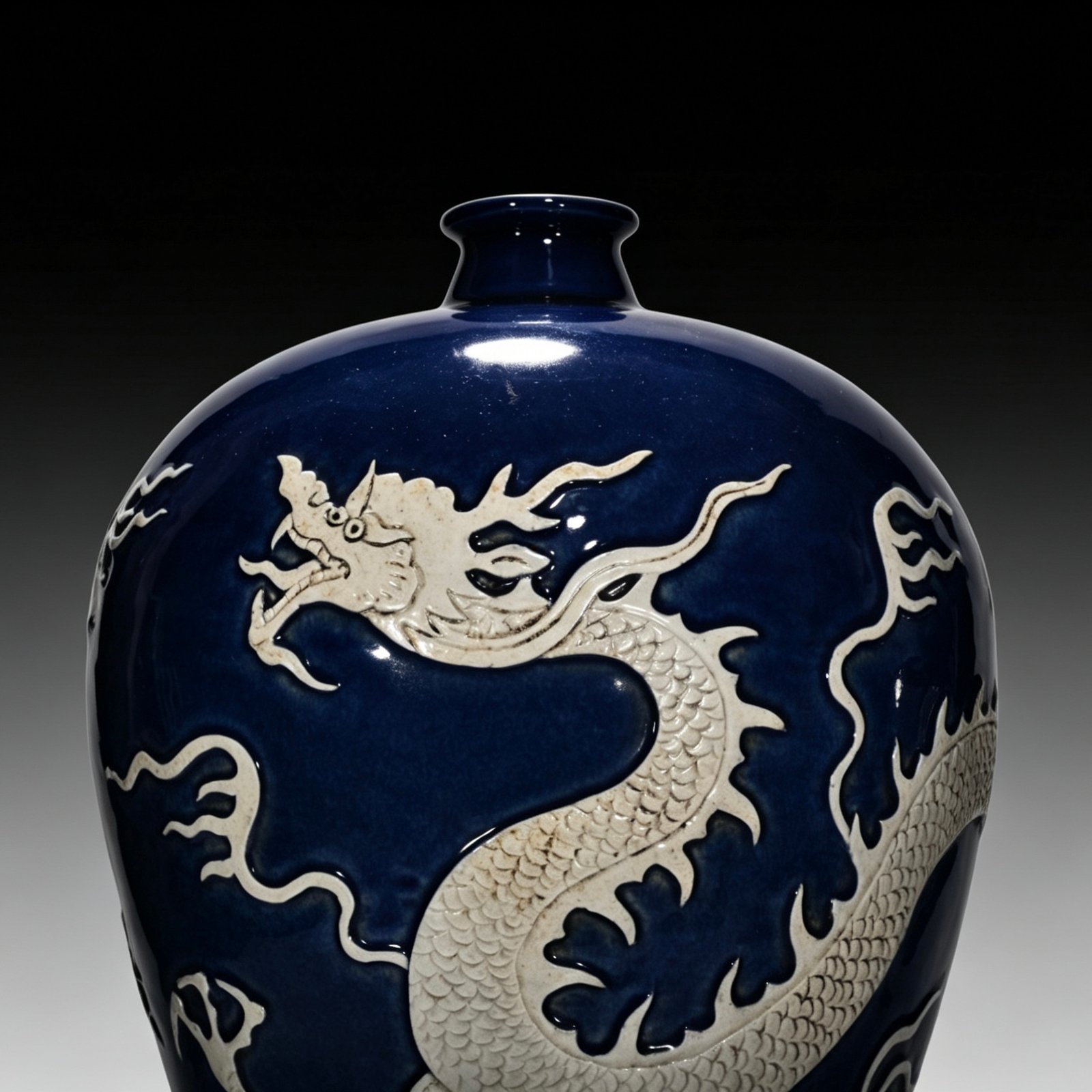 Yuan Dynasty blue Ji blue glaze white plum vase engraved with cloud and dragon pattern