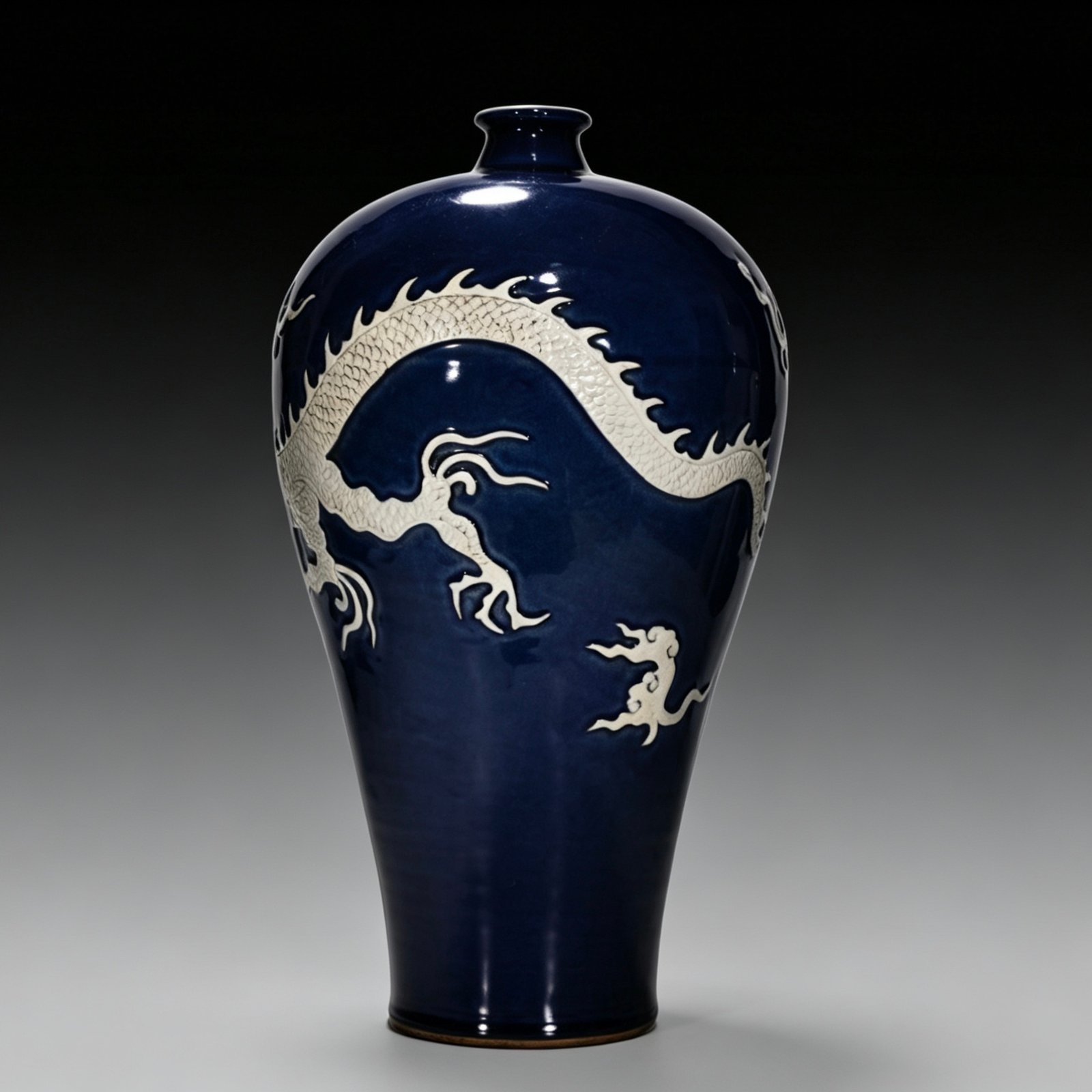 Yuan Dynasty blue Ji blue glaze white plum vase engraved with cloud and dragon pattern