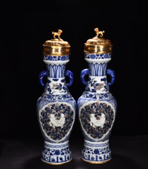 Yuan Dynasty blue and white underglaze red pinched flowers elephant ear vase