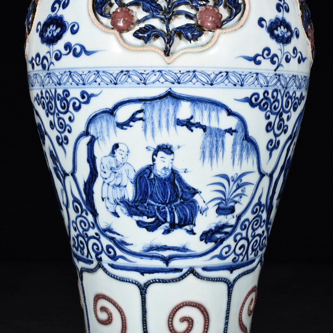 Yuan Dynasty blue and white underglaze red stenciled plum vase