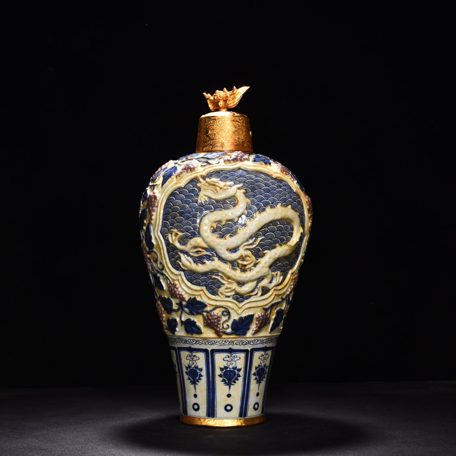 Yuan Dynasty blue and white underglaze red carved plum vase with sea water dragon pattern
