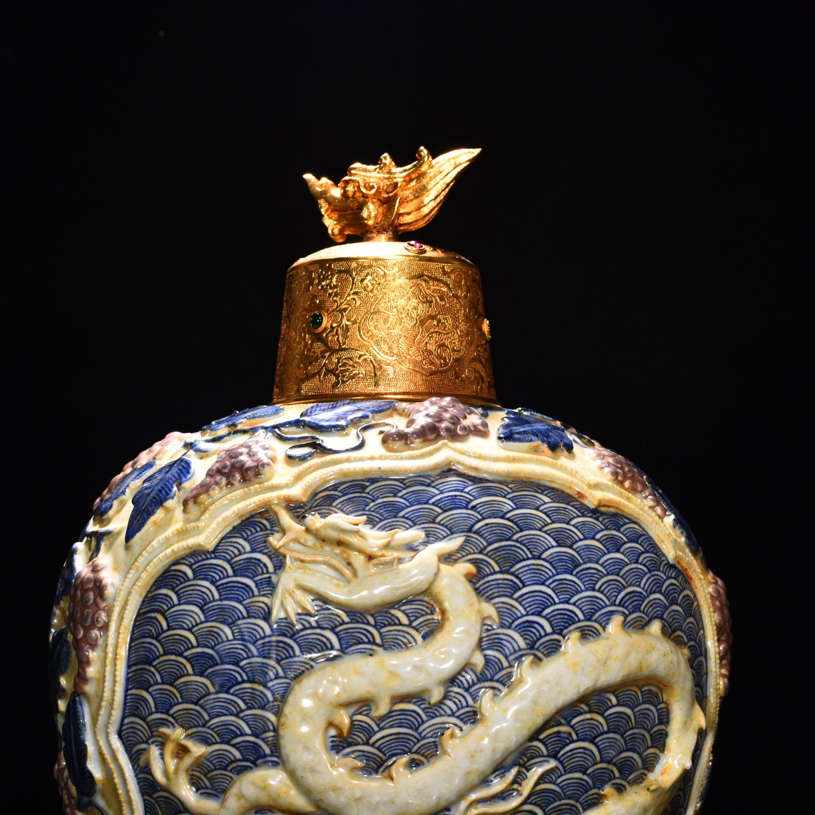 Yuan Dynasty blue and white underglaze red carved plum vase with sea water dragon pattern