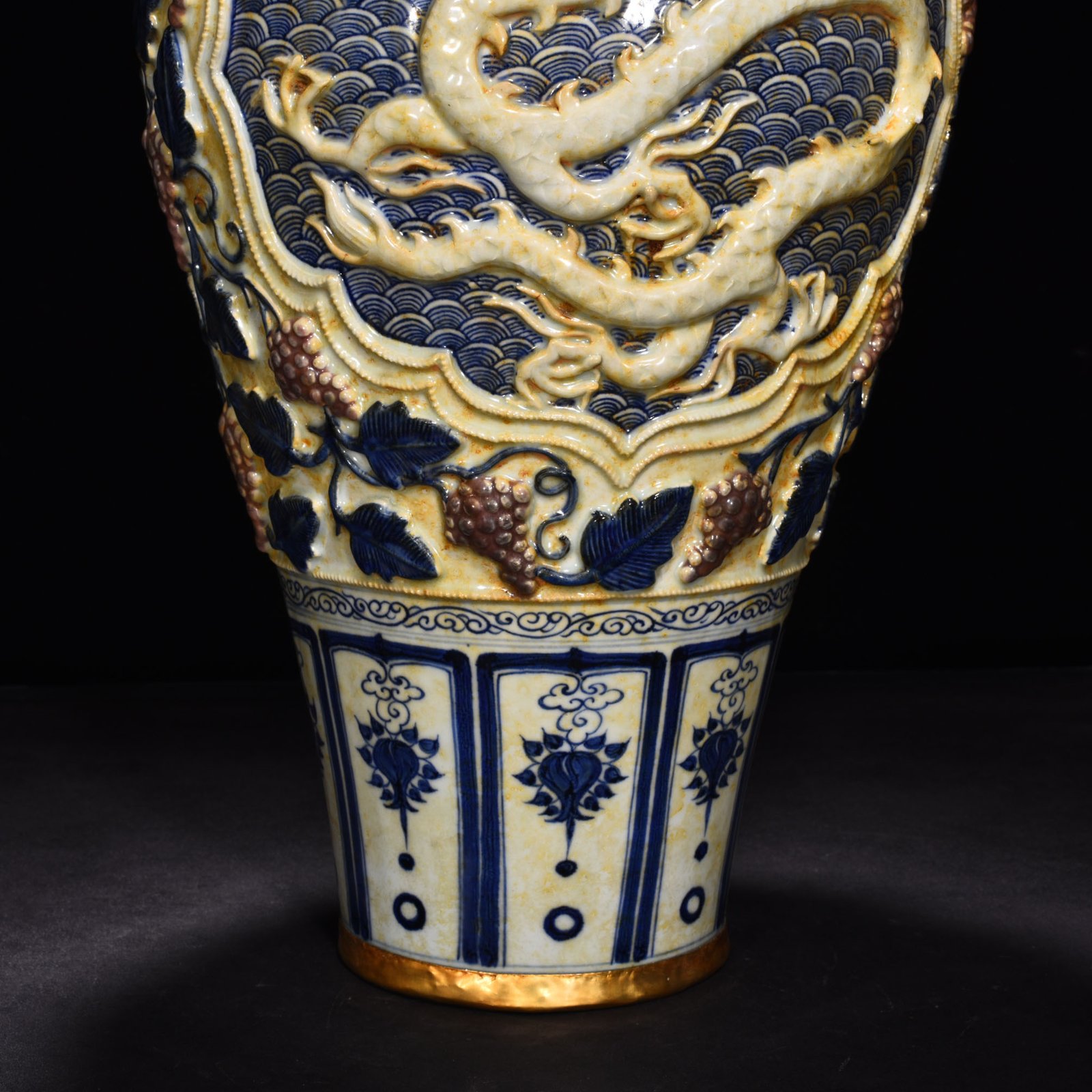 Yuan Dynasty blue and white underglaze red carved plum vase with sea water dragon pattern