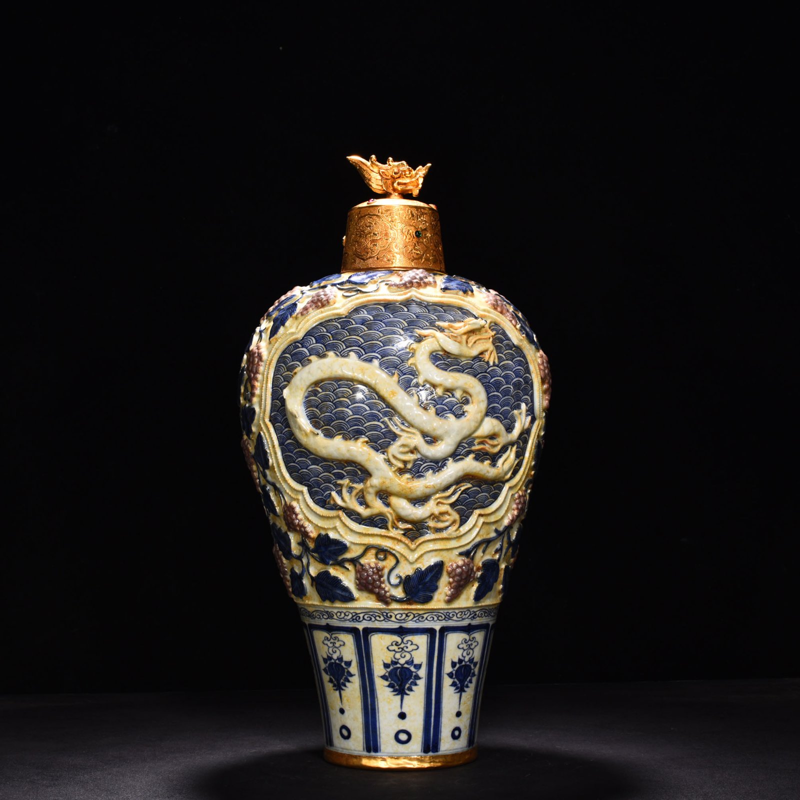 Yuan Dynasty blue and white underglaze red carved plum vase with sea water dragon pattern
