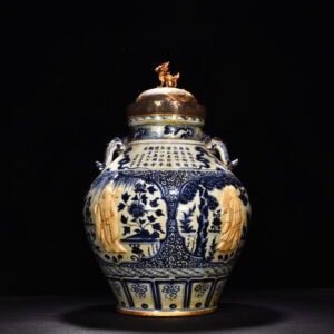 Yuan Dynasty blue and white carved Eight Immortals pattern with ear lid jar