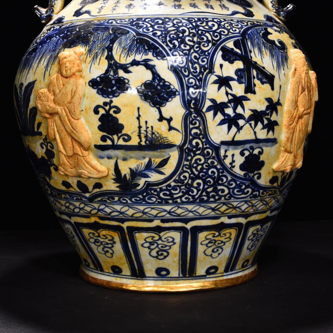 Yuan Dynasty blue and white carved earthenware jar with Eight Immortals and figures