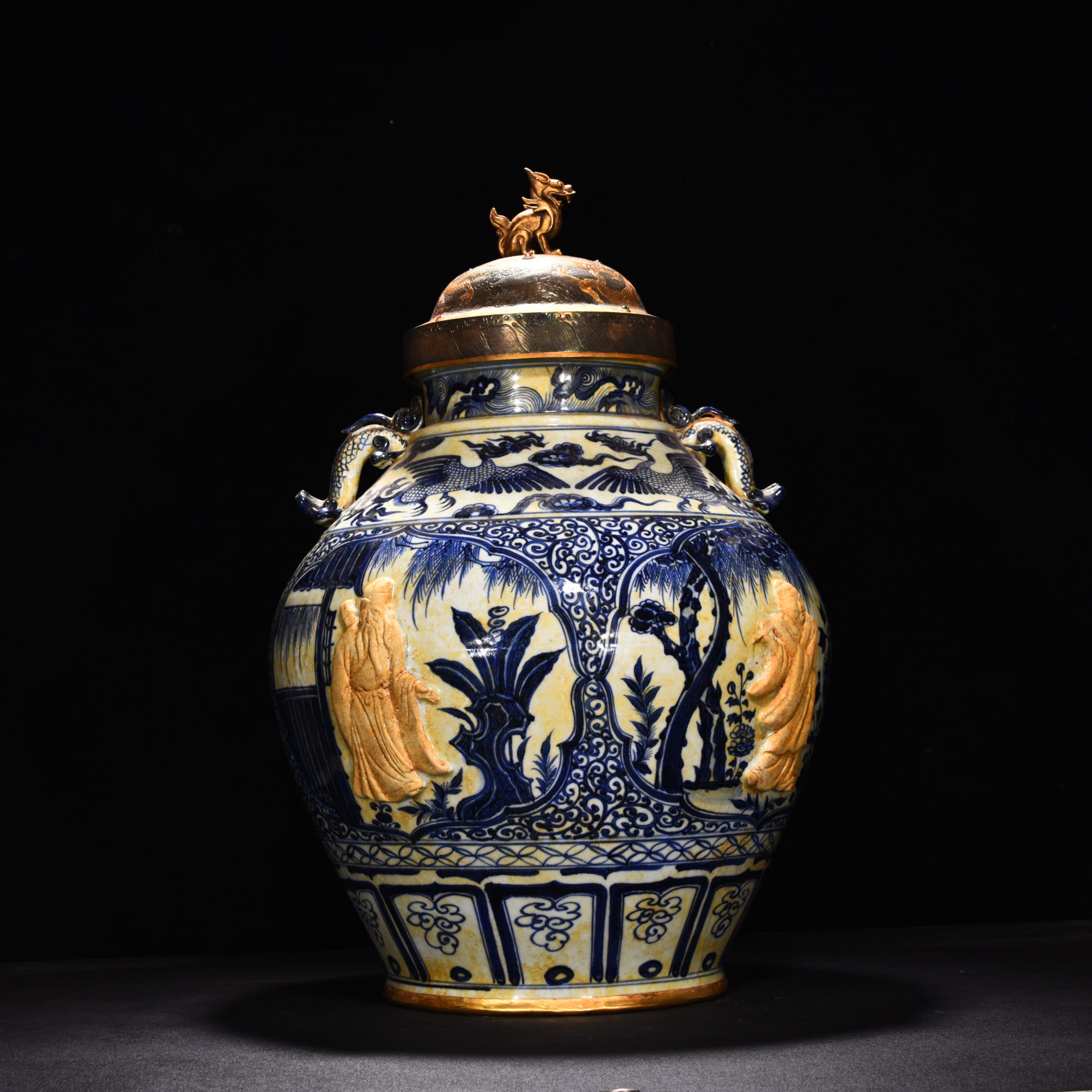 Yuan Dynasty blue and white carved earthenware jar with Eight Immortals and figures