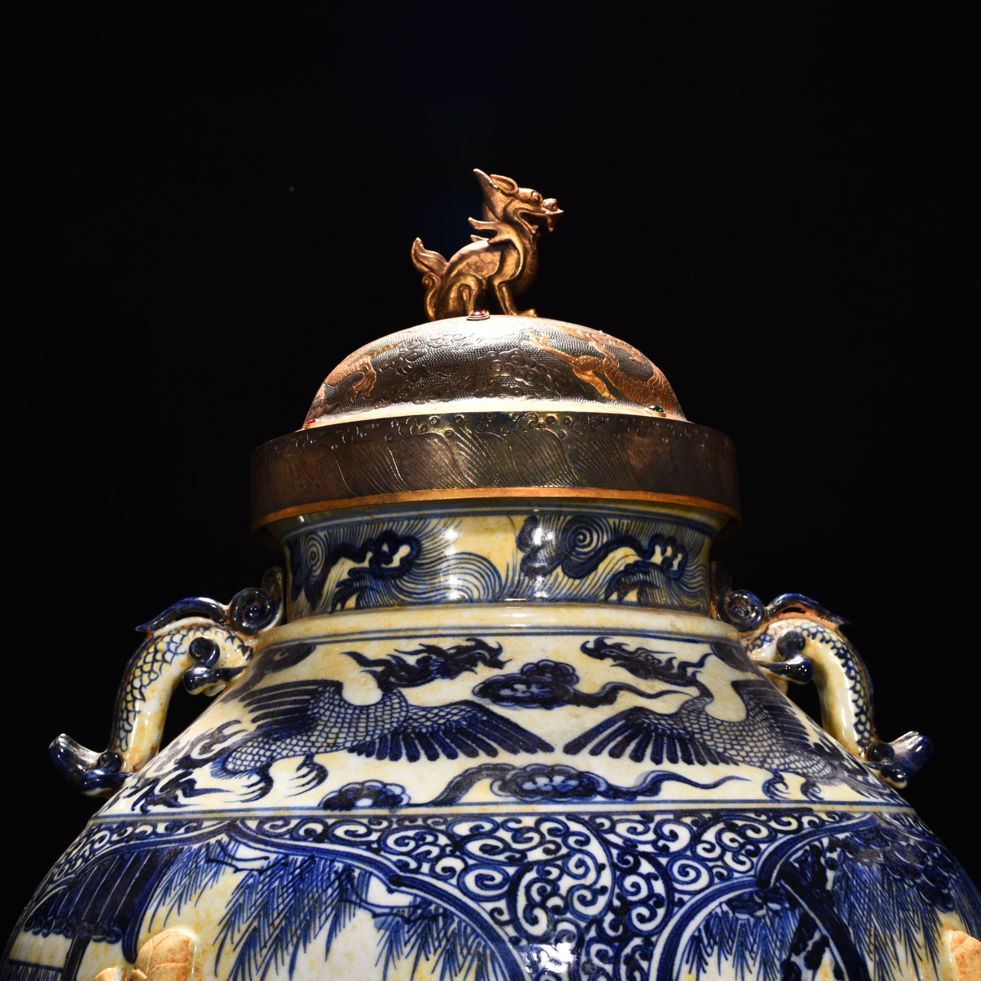 Yuan Dynasty blue and white carved earthenware jar with Eight Immortals and figures