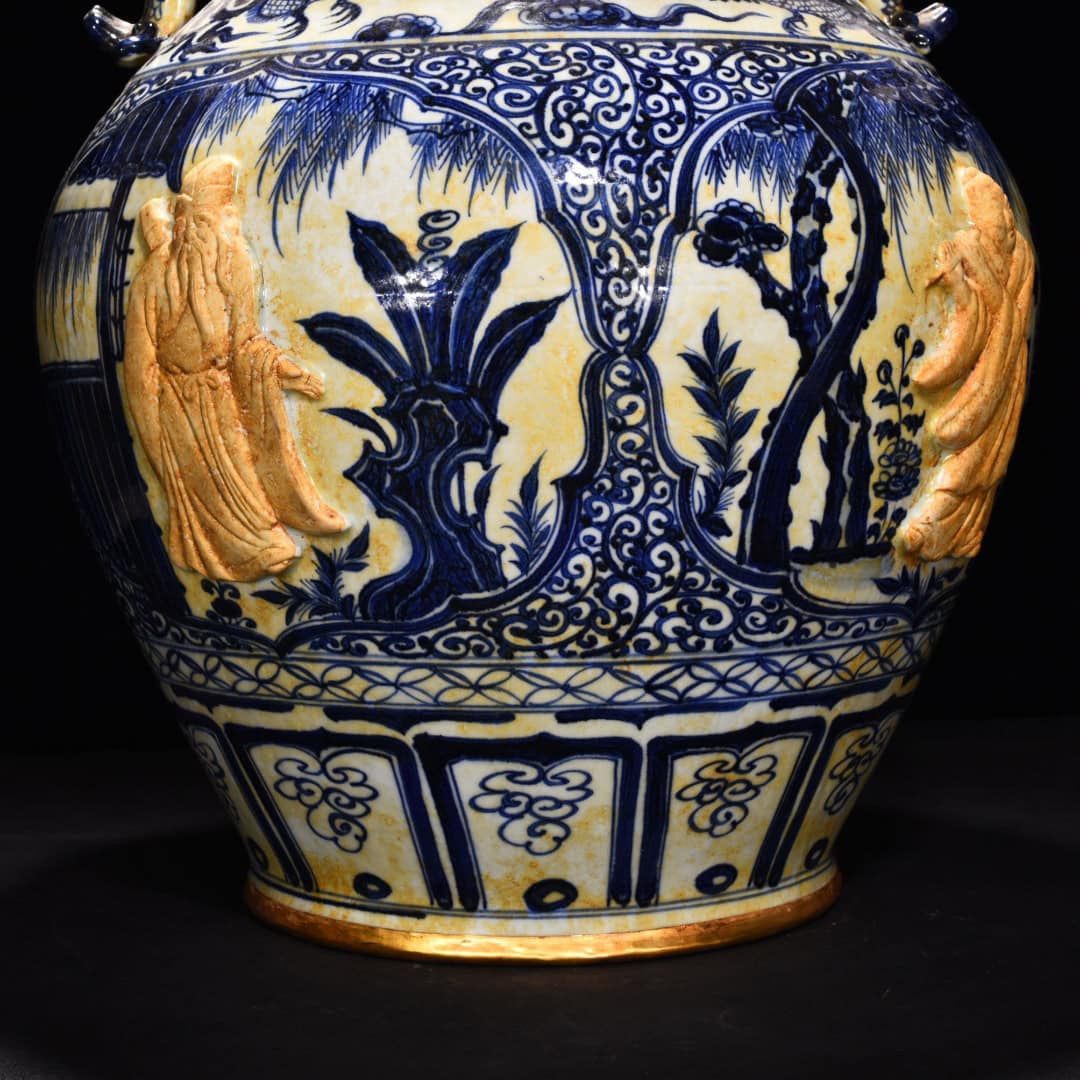 Yuan Dynasty blue and white carved earthenware jar with Eight Immortals and figures