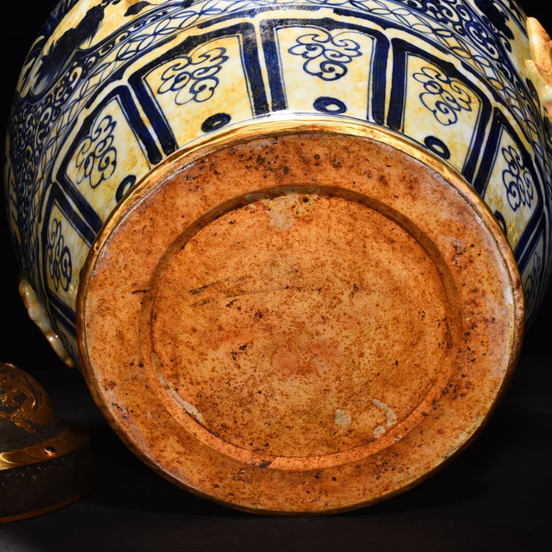 Yuan Dynasty blue and white carved earthenware jar with Eight Immortals and figures