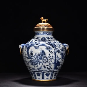 Yuan Dynasty blue and white figure pattern animal ear cover jar