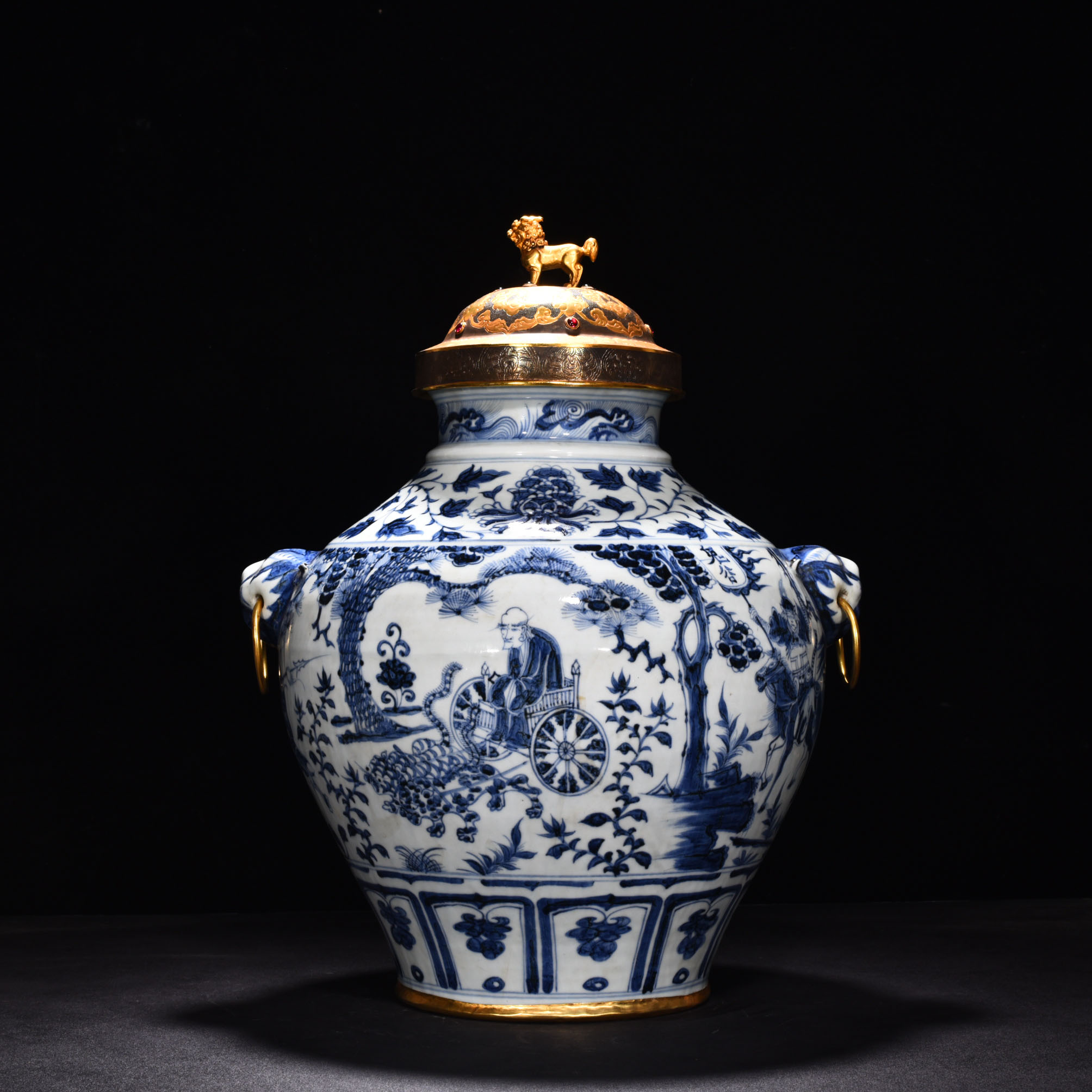 Yuan Dynasty blue and white figure pattern animal ear cover jar