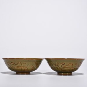 Song Dynasty Yaozhou kiln celadon cup with deep fish and algae pattern