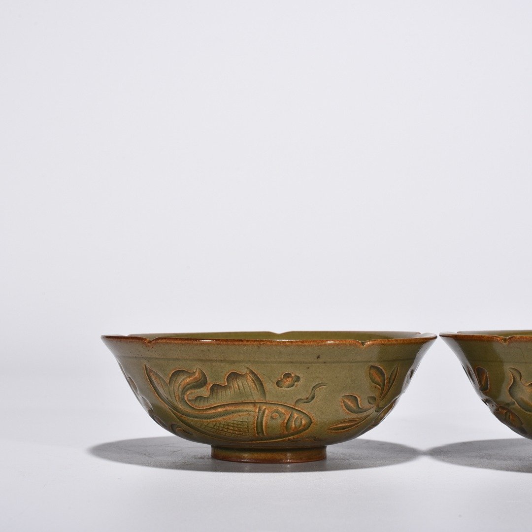Song Dynasty Yaozhou kiln celadon cup with deep fish and algae pattern