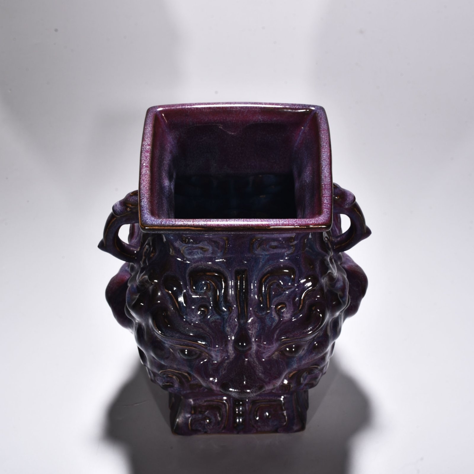 Song Dynasty Jun kiln rose purple glaze double eared square statue