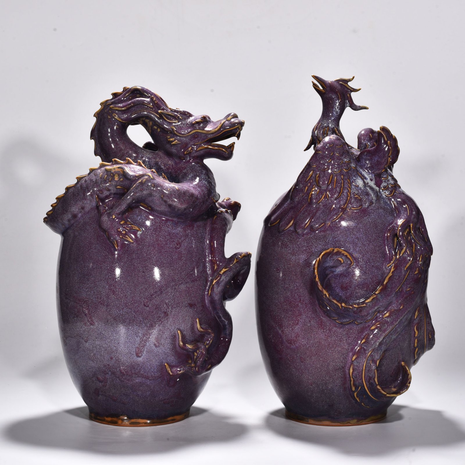 Song Dynasty Jun kiln rose purple glaze dragon and phoenix statue