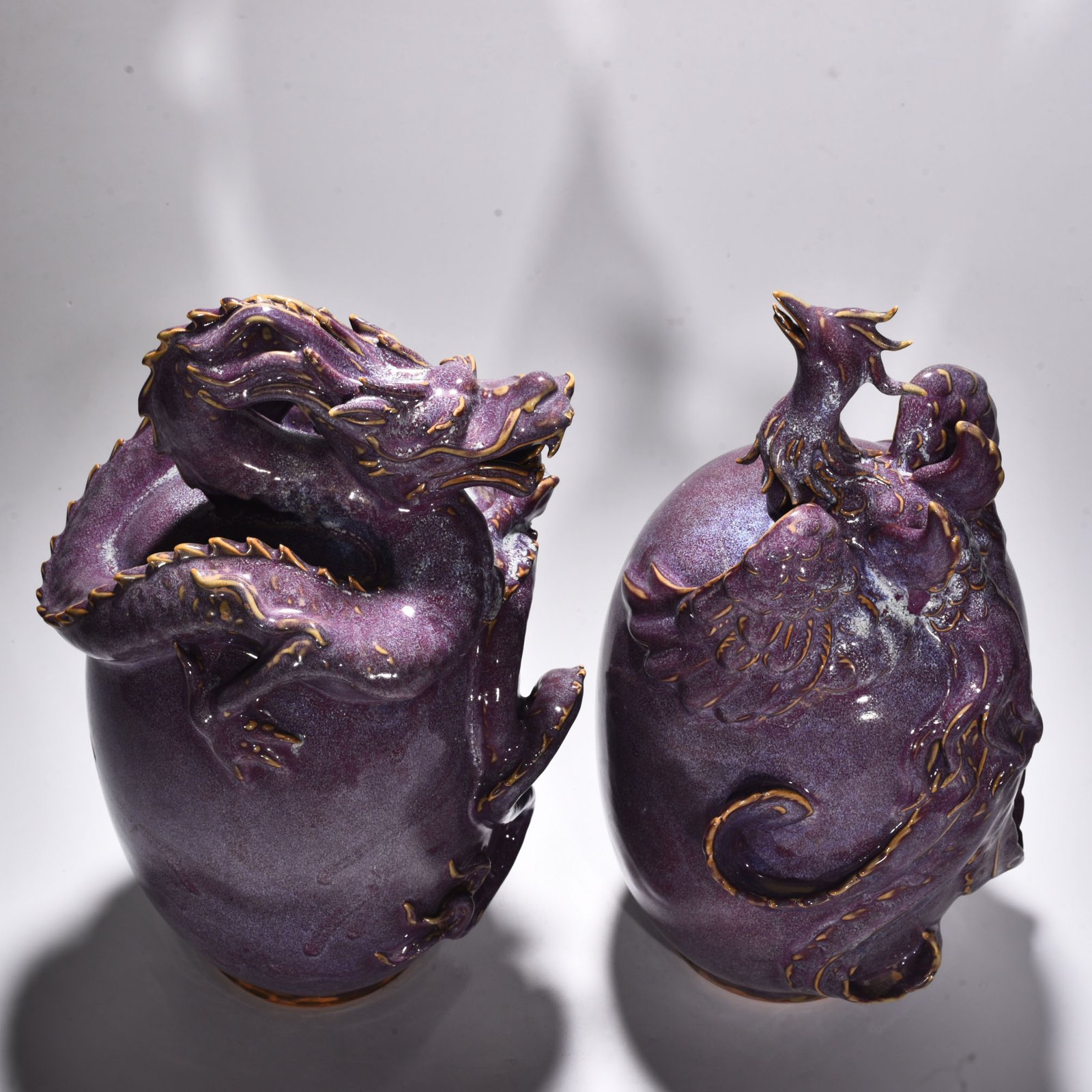Song Dynasty Jun kiln rose purple glaze dragon and phoenix statue