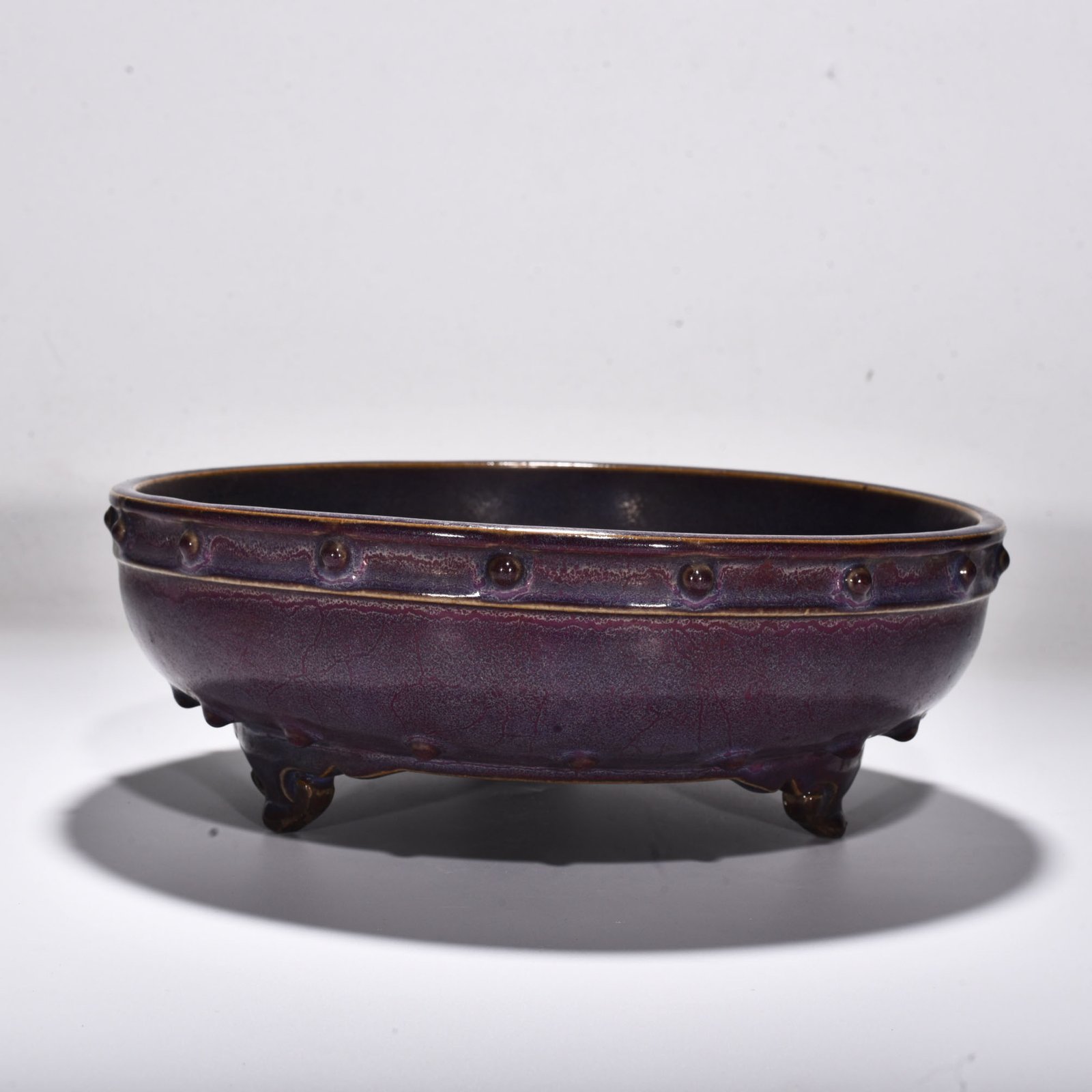 Song Dynasty Jun kiln rose purple glaze drum nail three legged washer