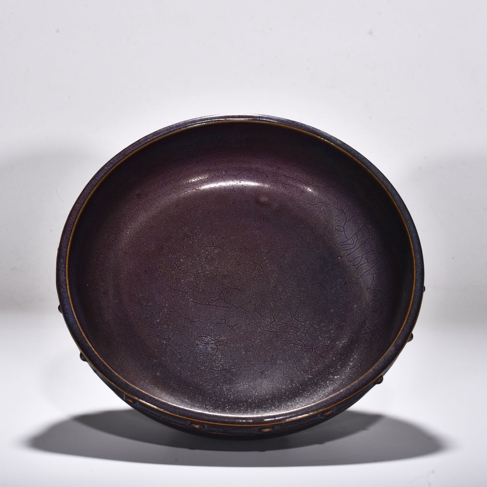 Song Dynasty Jun kiln rose purple glaze drum nail three legged washer