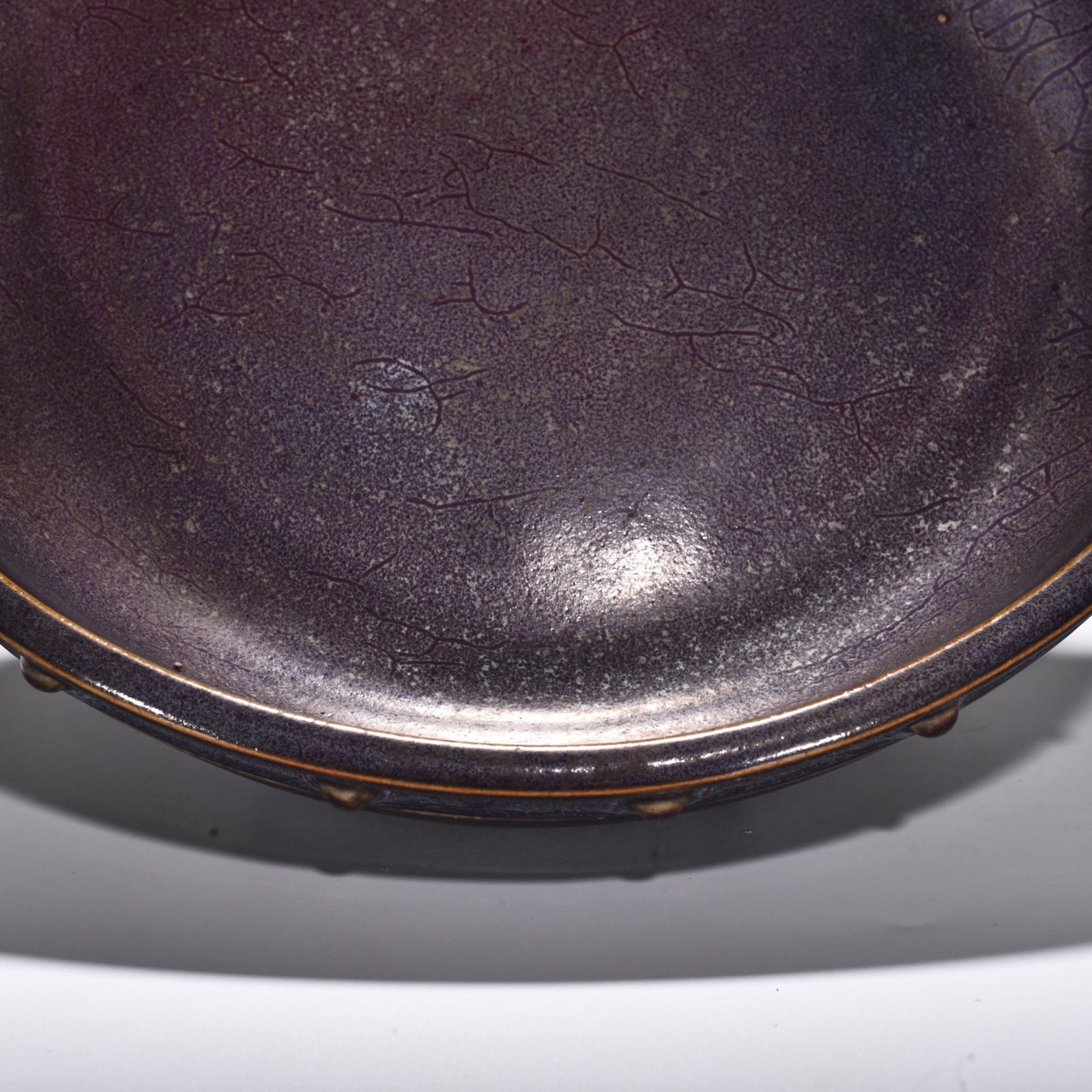 Song Dynasty Jun kiln rose purple glaze drum nail three legged washer