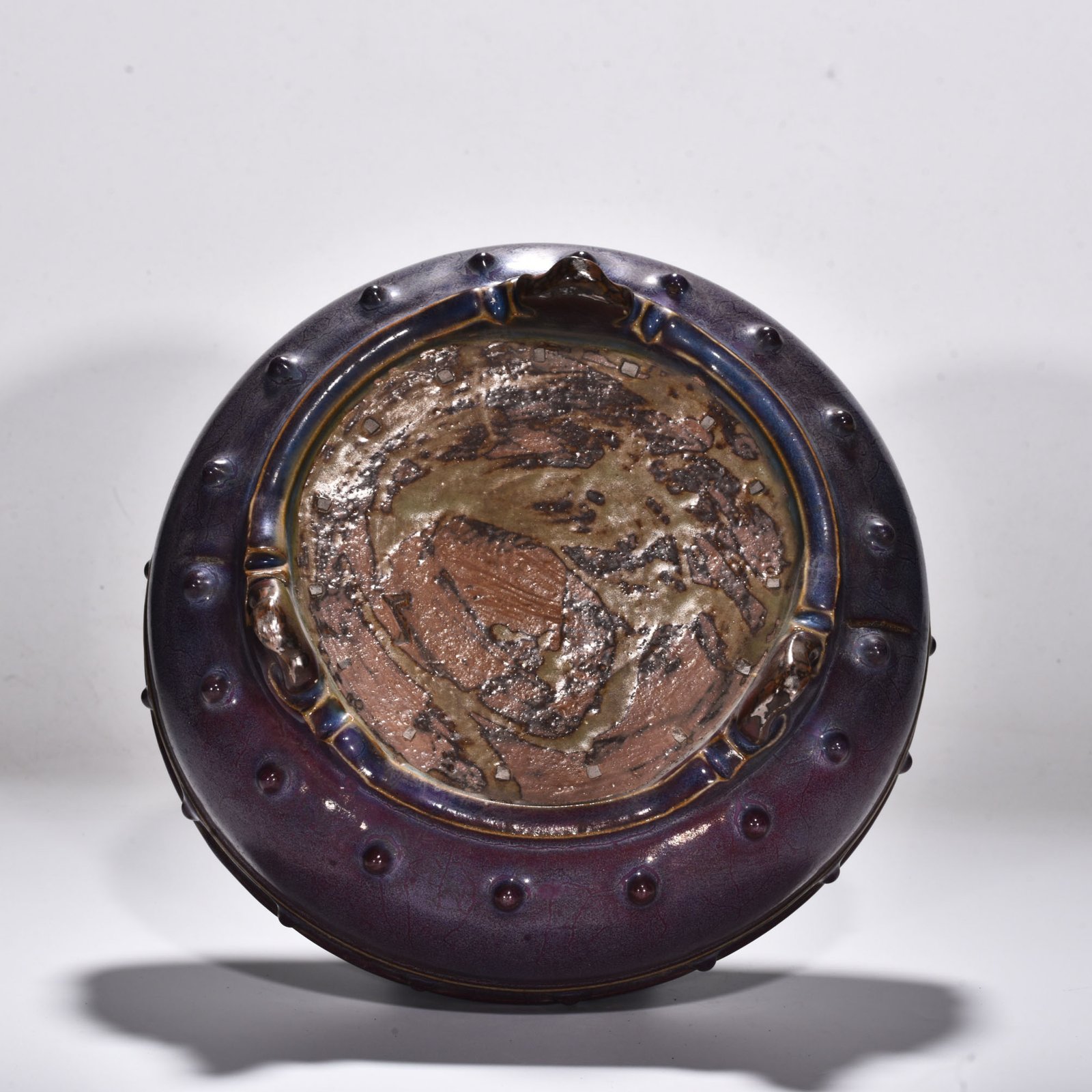 Song Dynasty Jun kiln rose purple glaze drum nail three legged washer