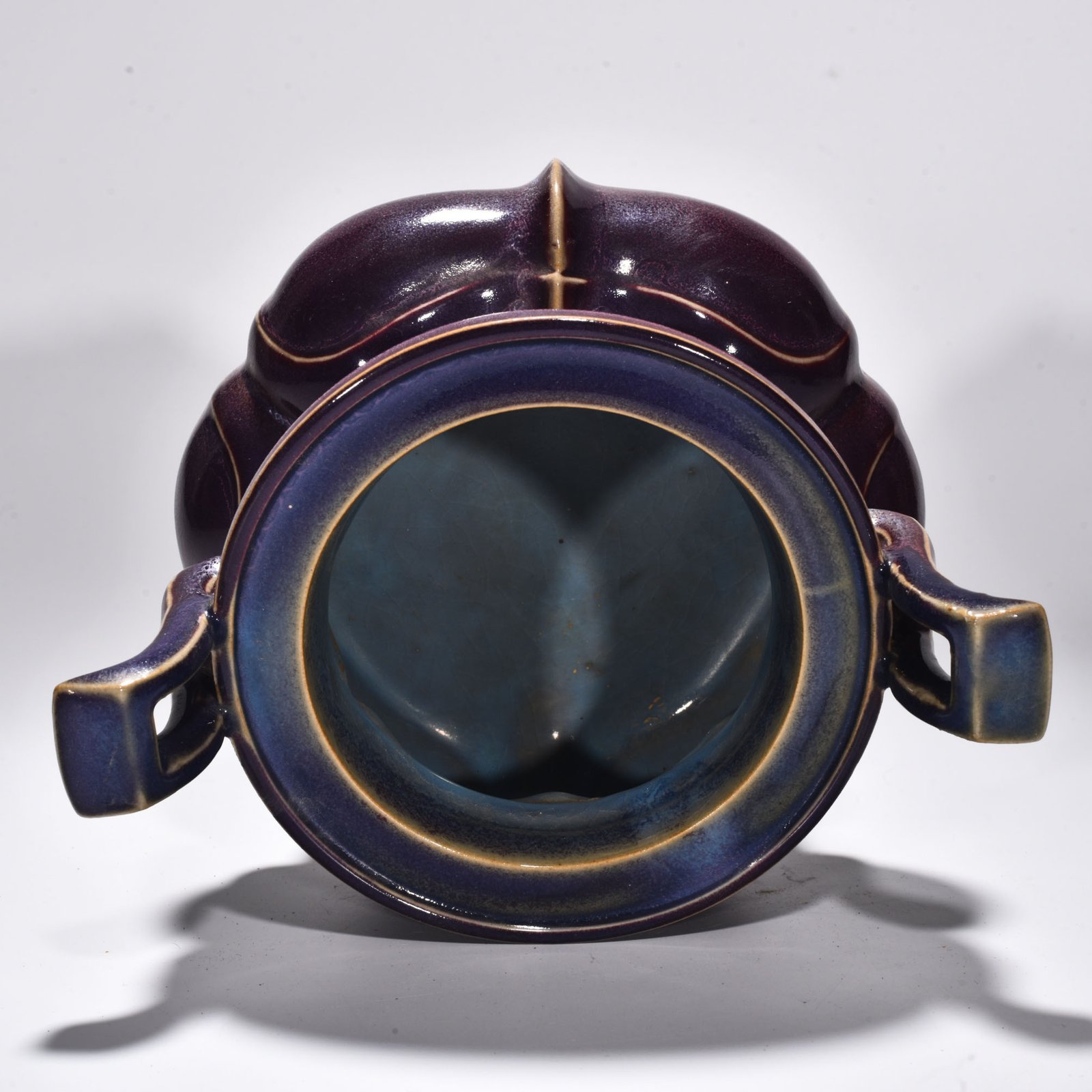 Song Dynasty Jun kiln rose red glaze three legged and double eared stove