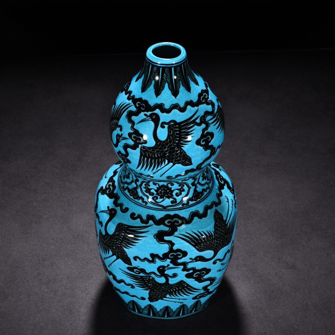 Ming Dynasty wanli Jiajing peacock blue glaze blue and white cloud gourd vase