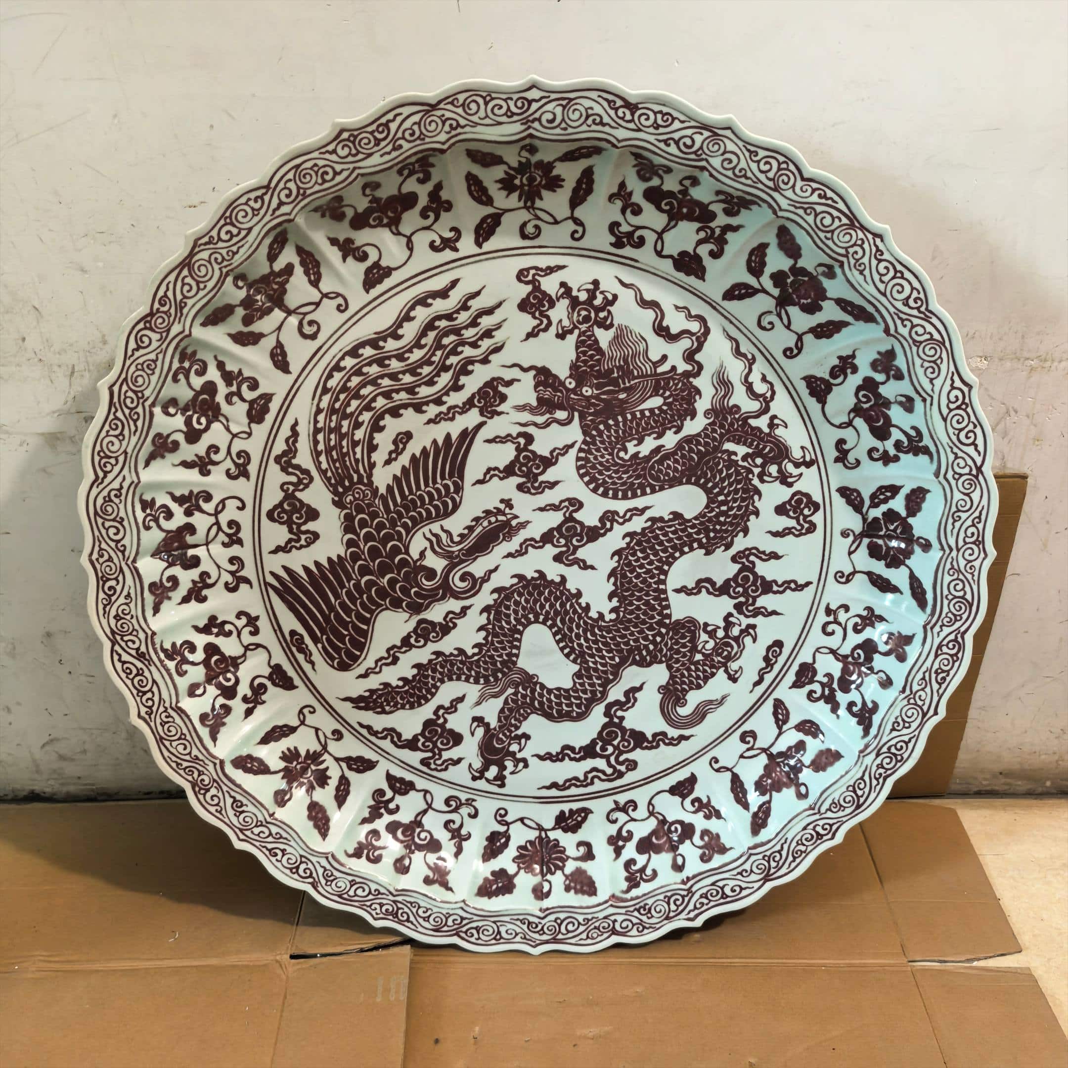 Ming Dyasty Xuande underglaze red rhombus fold edge large plate