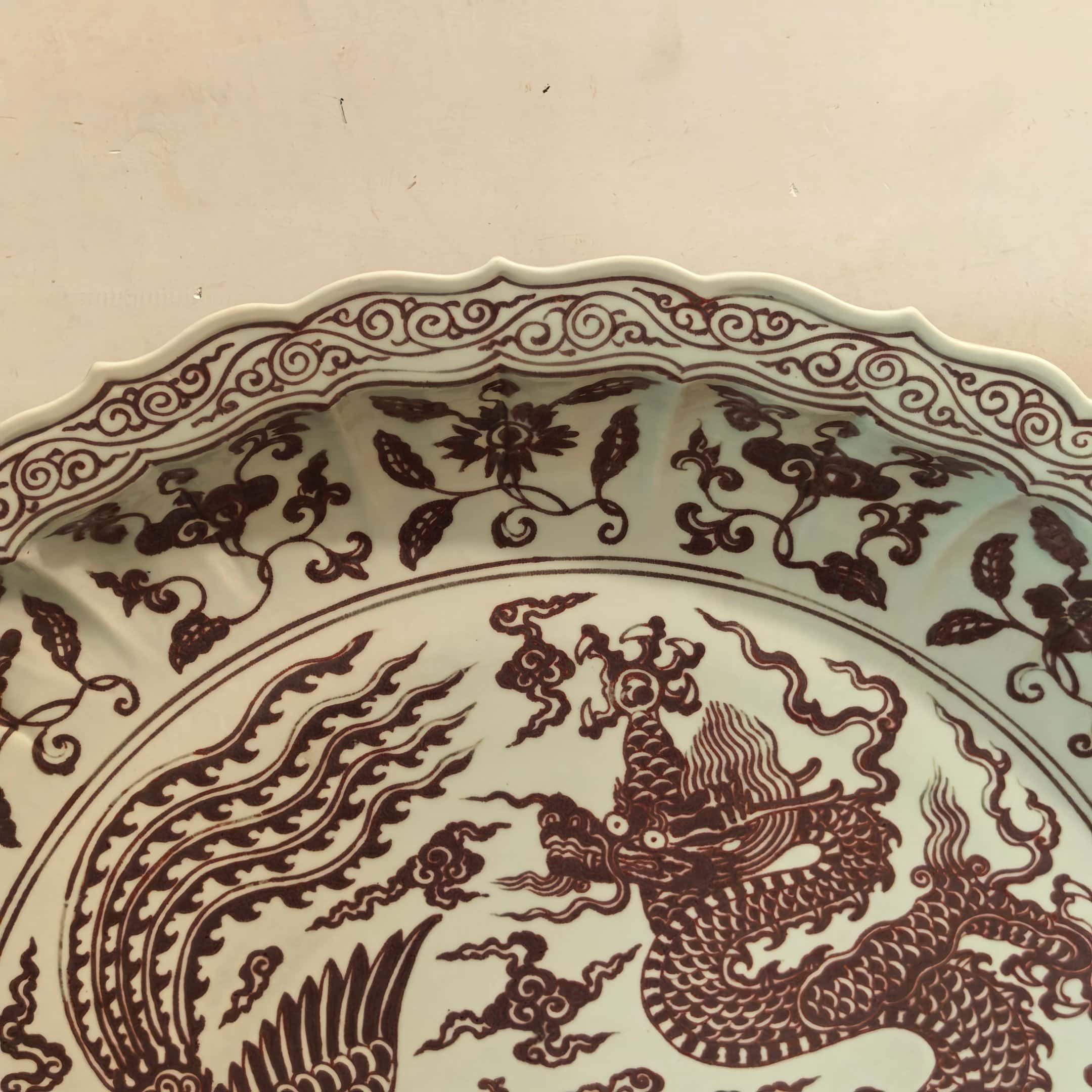 Ming Dyasty Xuande underglaze red rhombus fold edge large plate